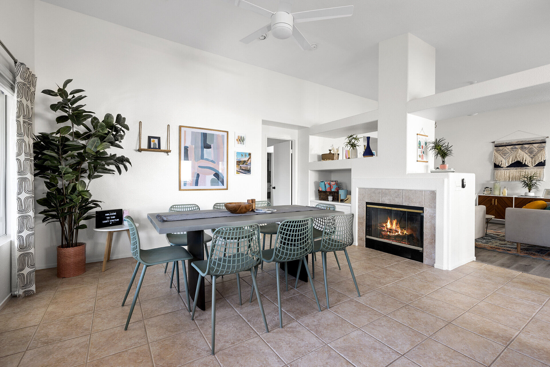Twin bedroom with playful decor and natural light
